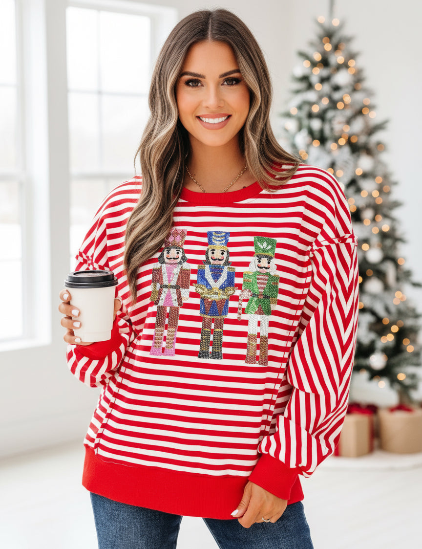 Stripe Christmas Nutcracker Sequin Patched Drop Shoulder Top | Tops Daverri Fashions