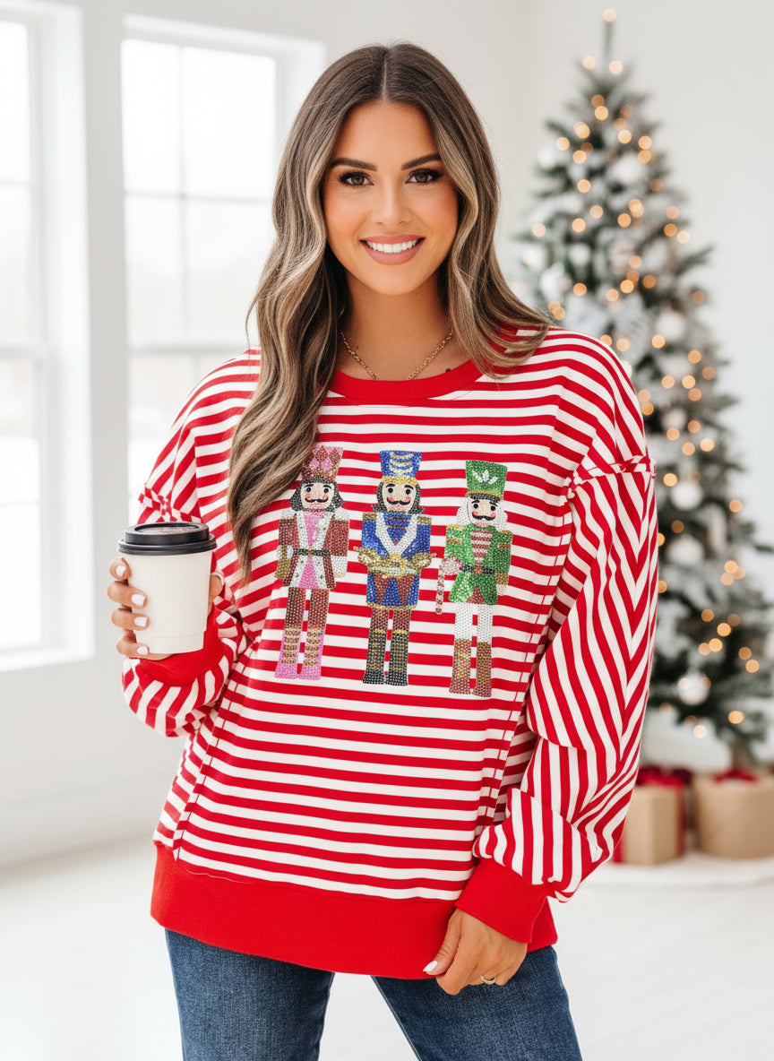 Stripe Christmas Nutcracker Sequin Patched Drop Shoulder Top | Tops Daverri Fashions