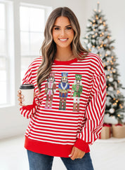 Stripe Christmas Nutcracker Sequin Patched Drop Shoulder Top | Tops Daverri Fashions