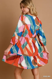 Umgee Abstract V-Neck Tiered Printed Dress | Daverri Fashions