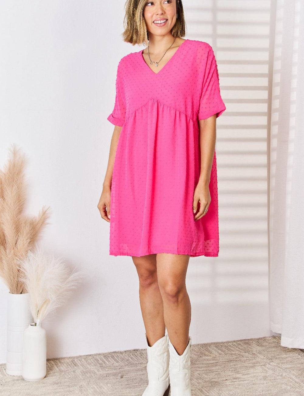 Zenana Swiss Dot Rolled Short Sleeve Babydoll Dress | Babydoll Dresses Daverri Fashions