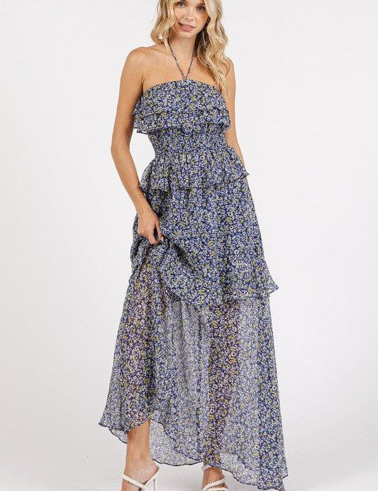 Mittoshop Ruffled Smocked Floral Halter Neck Maxi Dress | Daverri Fashions