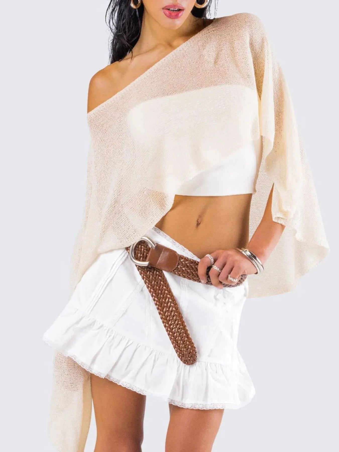 Ivory Boat Neck Long Sleeve knit Cover Up | Cover-Ups Daverri Fashions