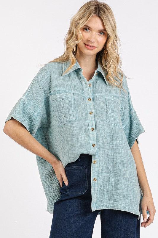 Seafoam S Mittoshop Mineral Wash Gauze Oversized Short Sleeve Shirt | Daverri Fashions