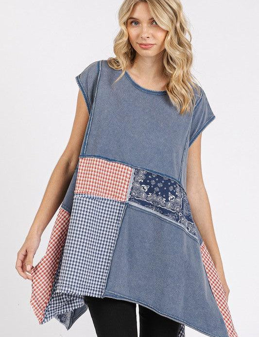 NAVY Mittoshop Patchwork Mineral Washed Round Neck Cap Sleeve Top | Tops Daverri Fashions