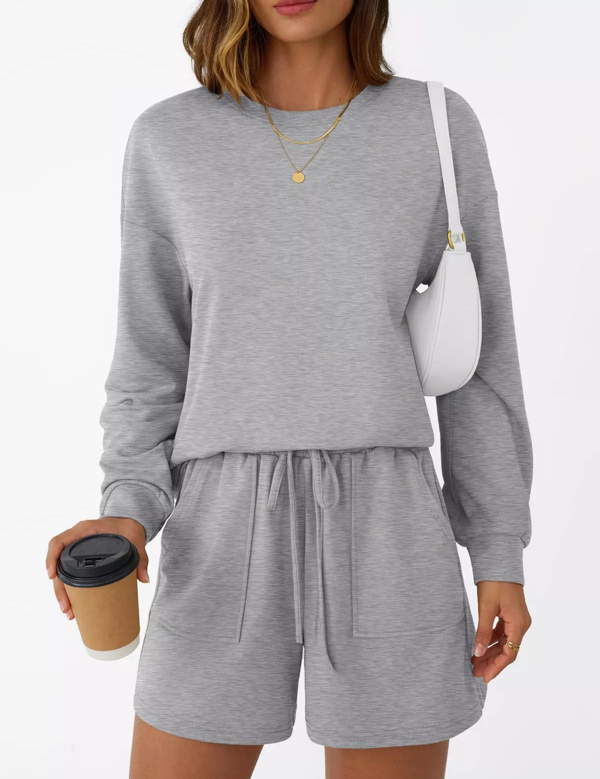 Round Neck Long Sleeve Top and Shorts Set | Loungewear Sets Daverri Fashions