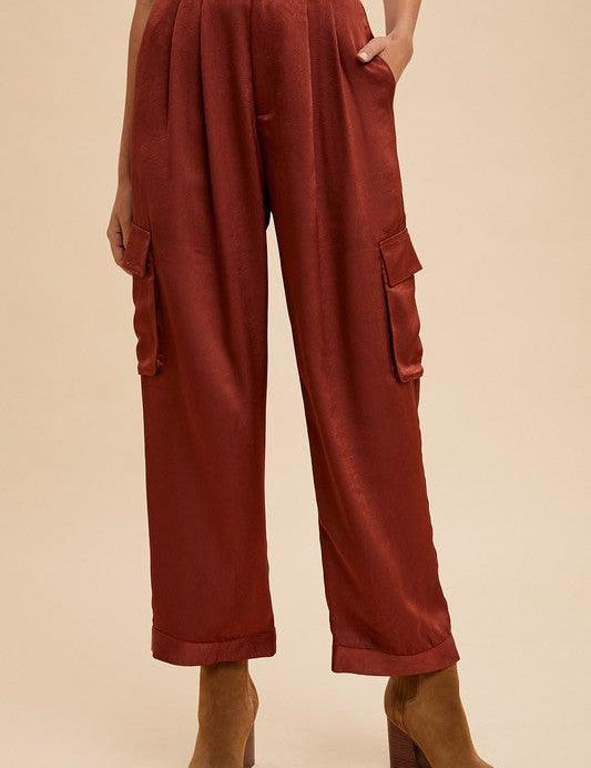 Burgundy Anniewear Wide Leg Cargo Satin Pants | Pants Daverri Fashions