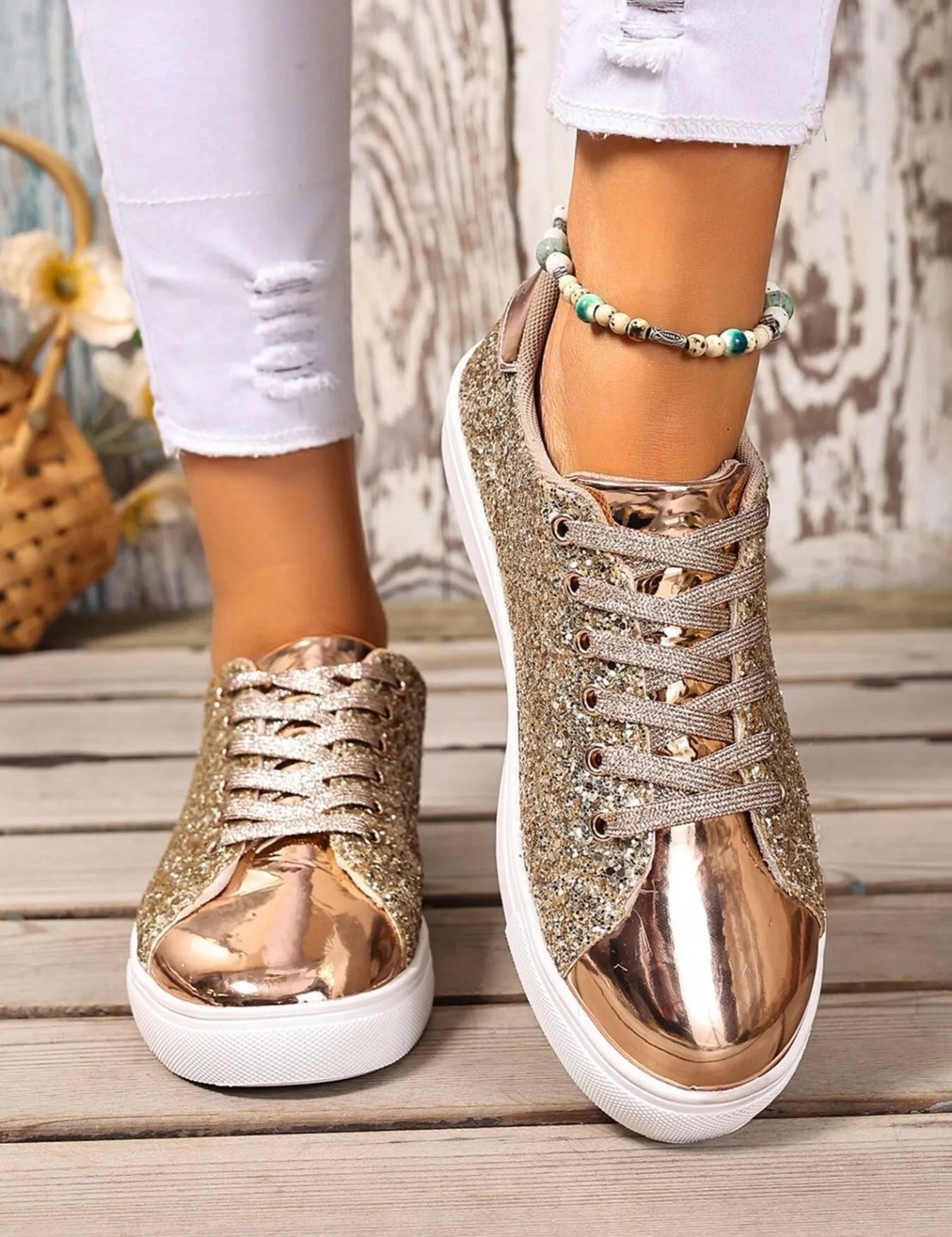 Gold Sequin Lace Up Sneakers | Sneakers Daverri Fashions