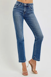 RISEN Full Size Tummy Control Elastic Band Mid Rise Straight Jeans | Jeans Daverri Fashions