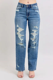 MD Judy Blue Full Size High Waist Heavy Destroy Straight Jeans Plus Size | Daverri Fashions
