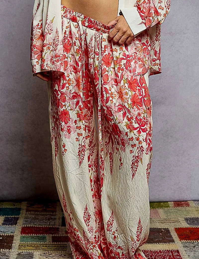IVORY PINK FLORAL POL Floral Printed Woven Wide Leg Drawstring Pants | Pants Daverri Fashions