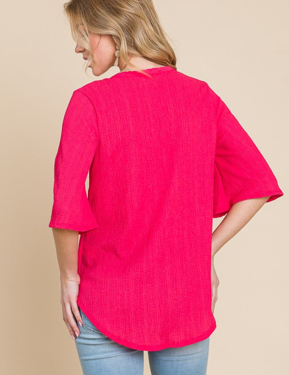 BOMBOM Texture Decorative Button V-Neck Top | Tops Daverri Fashions