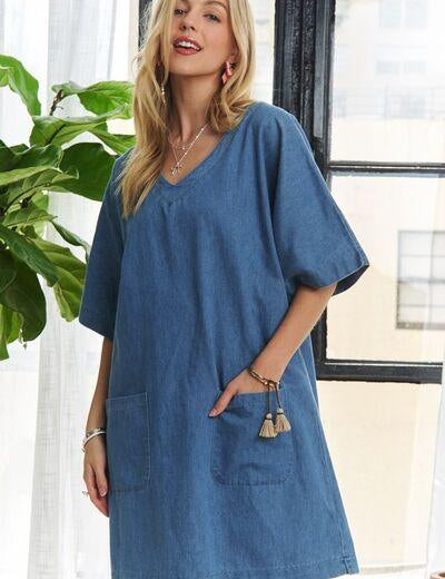 ADORA V-Neck Half Sleeve Mini Denim Dress | Mini Dresses Daverri Fashions