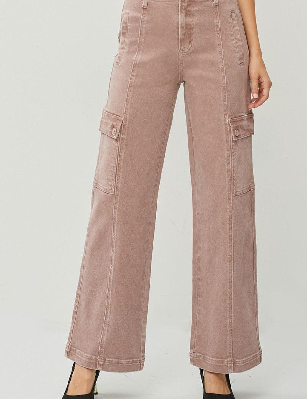 Mauve RISEN Full Size High Rise Wide Leg Cargo Jeans | Cargo Jeans Daverri Fashions