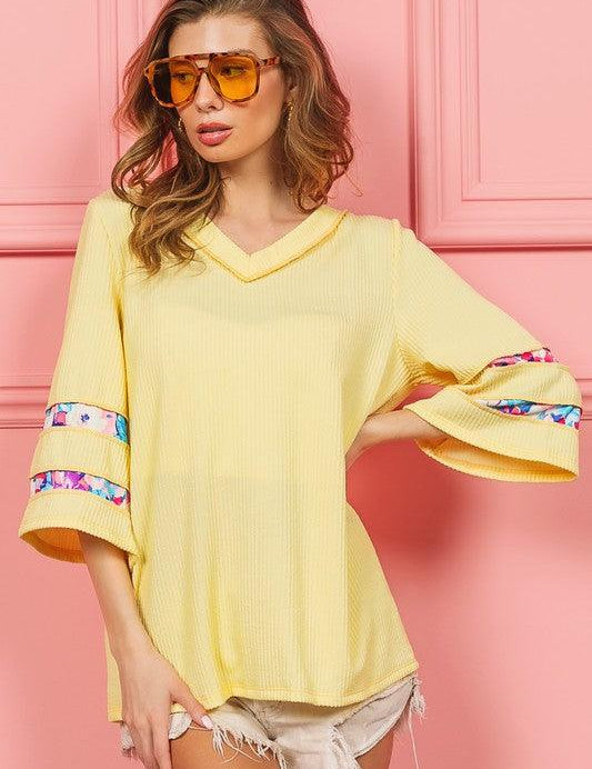 Light Yellow M BiBi Cord Rib with Stitched Floral Contrast Top | Tops Daverri Fashions