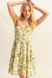 Yellow-Green HYFVE Floral Print Halter Neck Tiered Mini Dress | Daverri Fashions