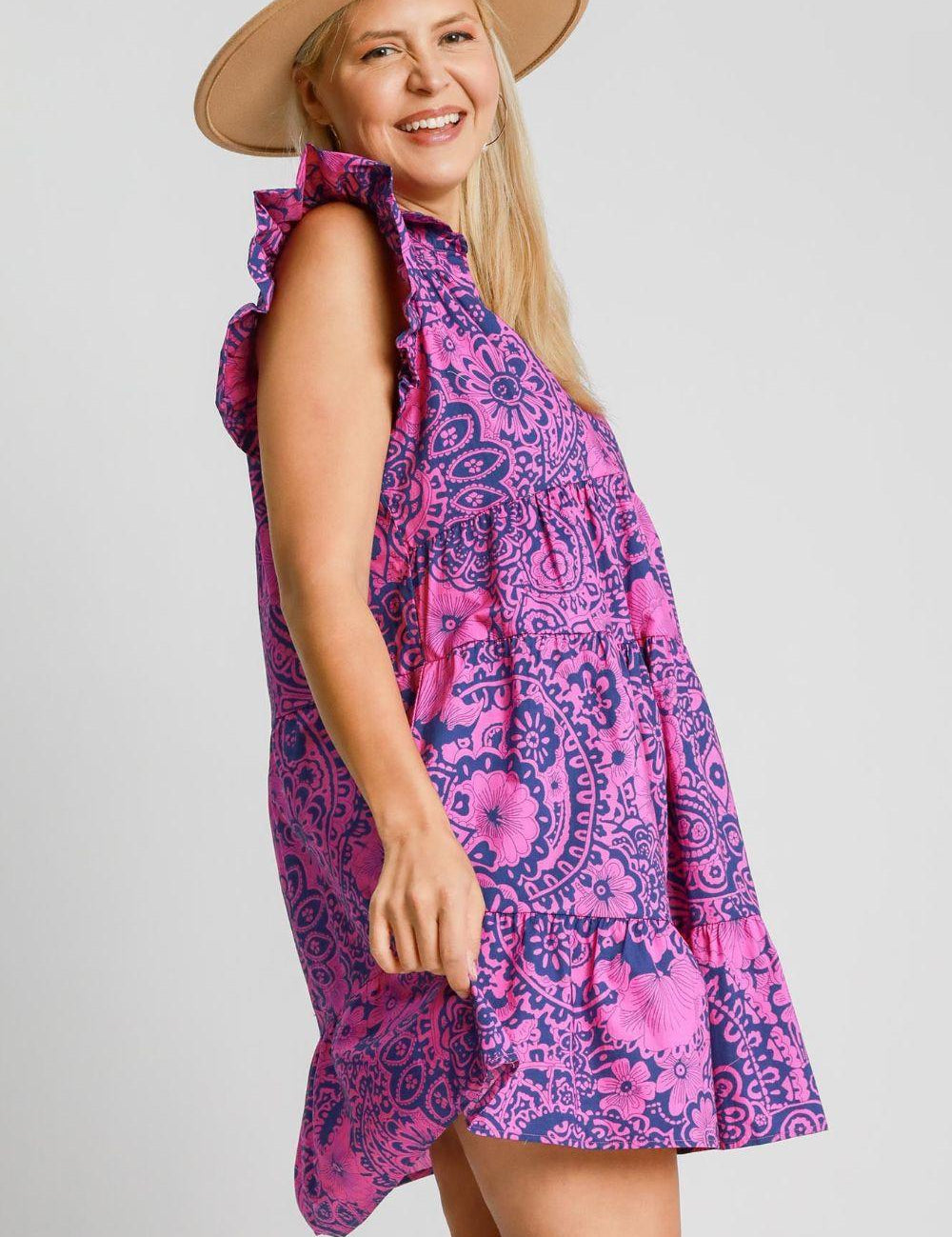 Umgee Full Size Printed Ruffle Cap Sleeve Babydoll Dress | Babydoll Dresses Daverri Fashions