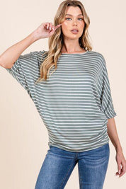 Dusty Olive BOMBOM Striped Boat Neck Dolman Sleeve Top | Tops Daverri Fashions