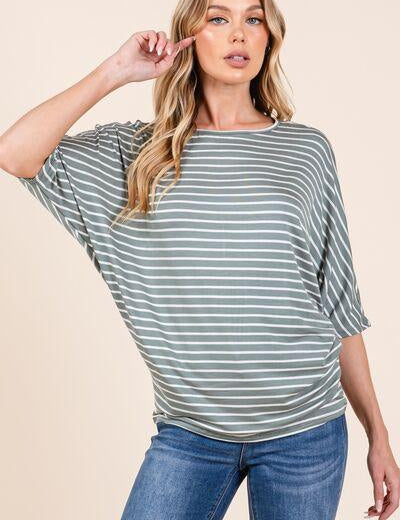 Dusty Olive BOMBOM Striped Boat Neck Dolman Sleeve Top | Tops Daverri Fashions