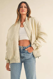 MABLE Back Ruched Utiltiy Bomber Jacket | Daverri Fashions