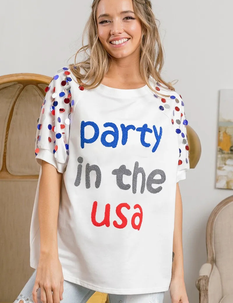 OFF WHITE BiBi Party In The Usa Spangle Puff Sleeves Top | Tops Daverri Fashions