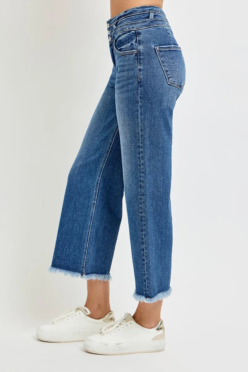RISEN High Rise Crop Wide Leg Jeans with Wide Band Detail | Jeans Daverri Fashions