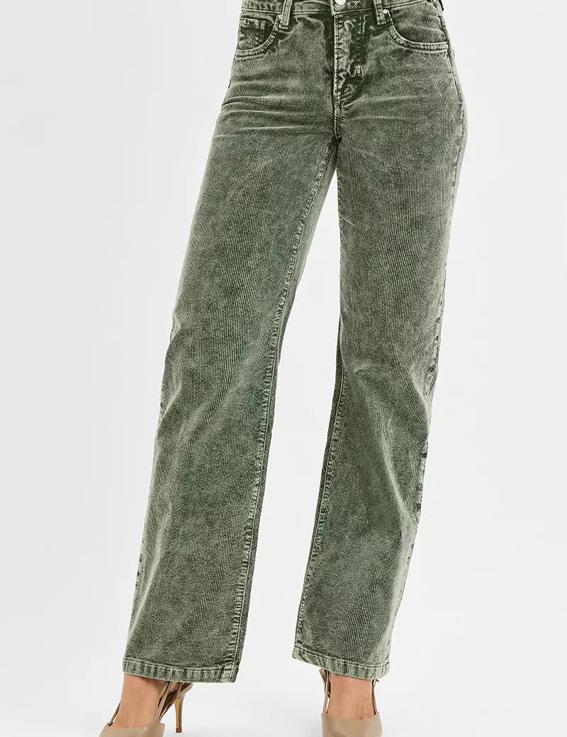 RISEN Tummy Control Mid Rise Straight Leg Corduroy Pants | Jeans Daverri Fashions