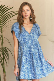 ADORA Printed V-Neck Ruffle Sleeve Mini Dress | Mini Dresses Daverri Fashions