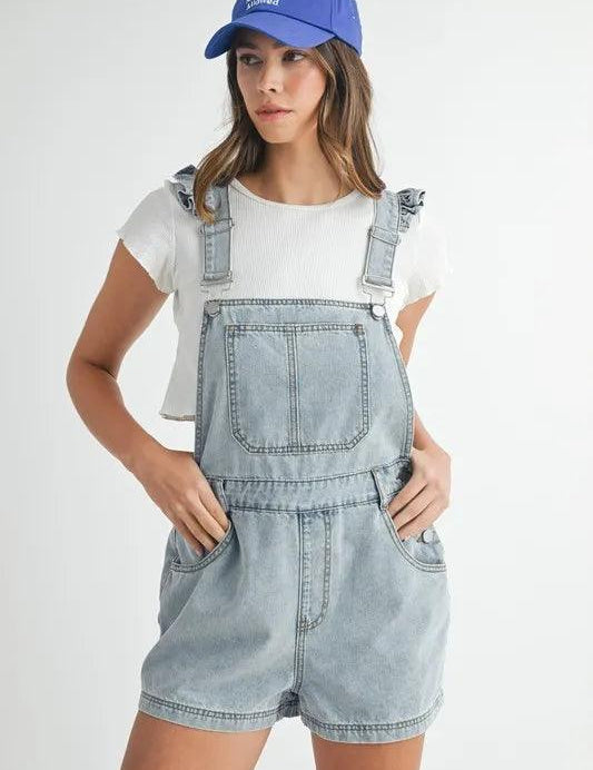 MABLE Square Neck Ruffle Shoulder Denim Overall Romper | Shortalls Daverri Fashions