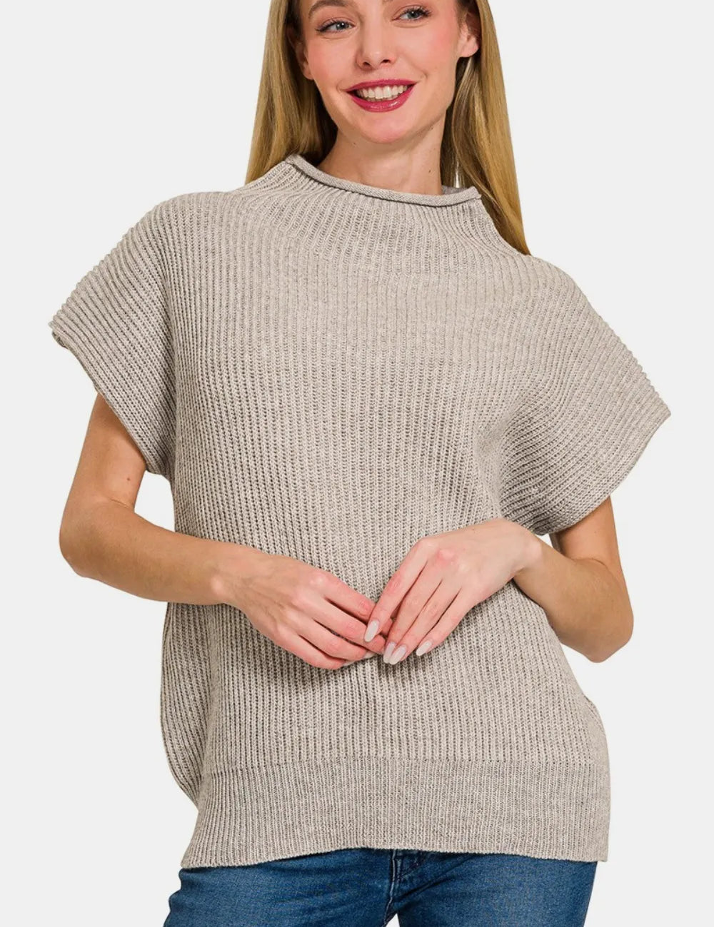 H Mocha Zenana Short Sleeve Mock Neck Sweater | Sweaters Daverri Fashions