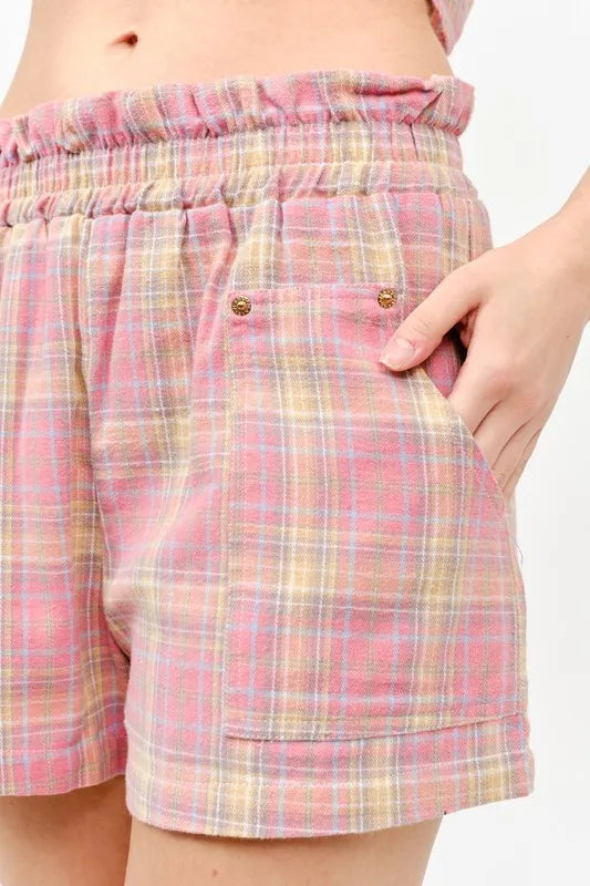 And The Why Plaid Print Smocked Detail Casual Shorts | Daverri Fashions