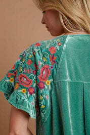 Umgee Velvet Embroidery Short Sleeve Blouse | Blouses Daverri Fashions