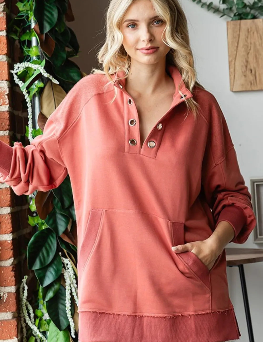 Marsala First Love Grommet Split Neck Kangaroo Pocket Sweatshirt | Sweatshirts Daverri Fashions