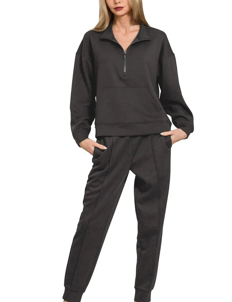BLACK Zenana Scuba Half Zip Sweatshirt and Joggers Set | Loungewear Sets Daverri Fashions