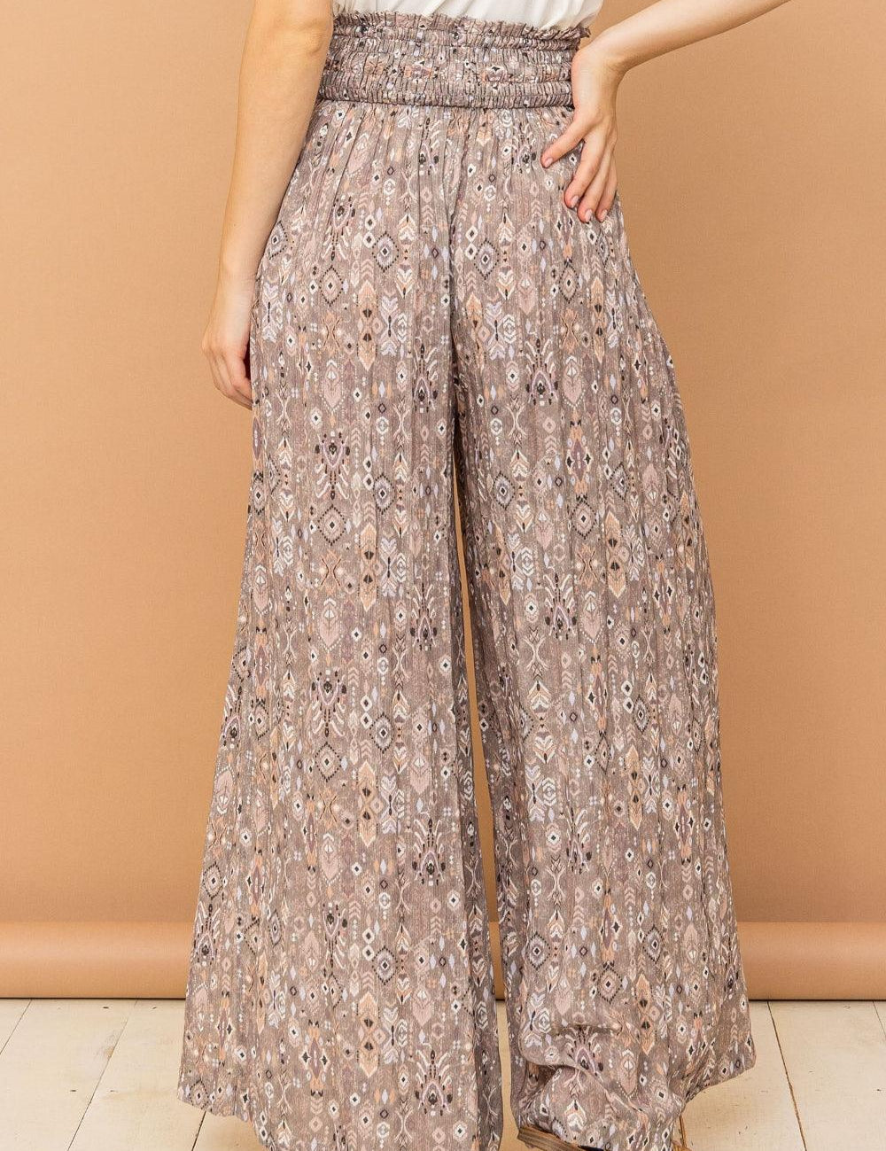 And The Why Printed Smocked Waist Slit Wide Leg Pants | Pants Daverri Fashions