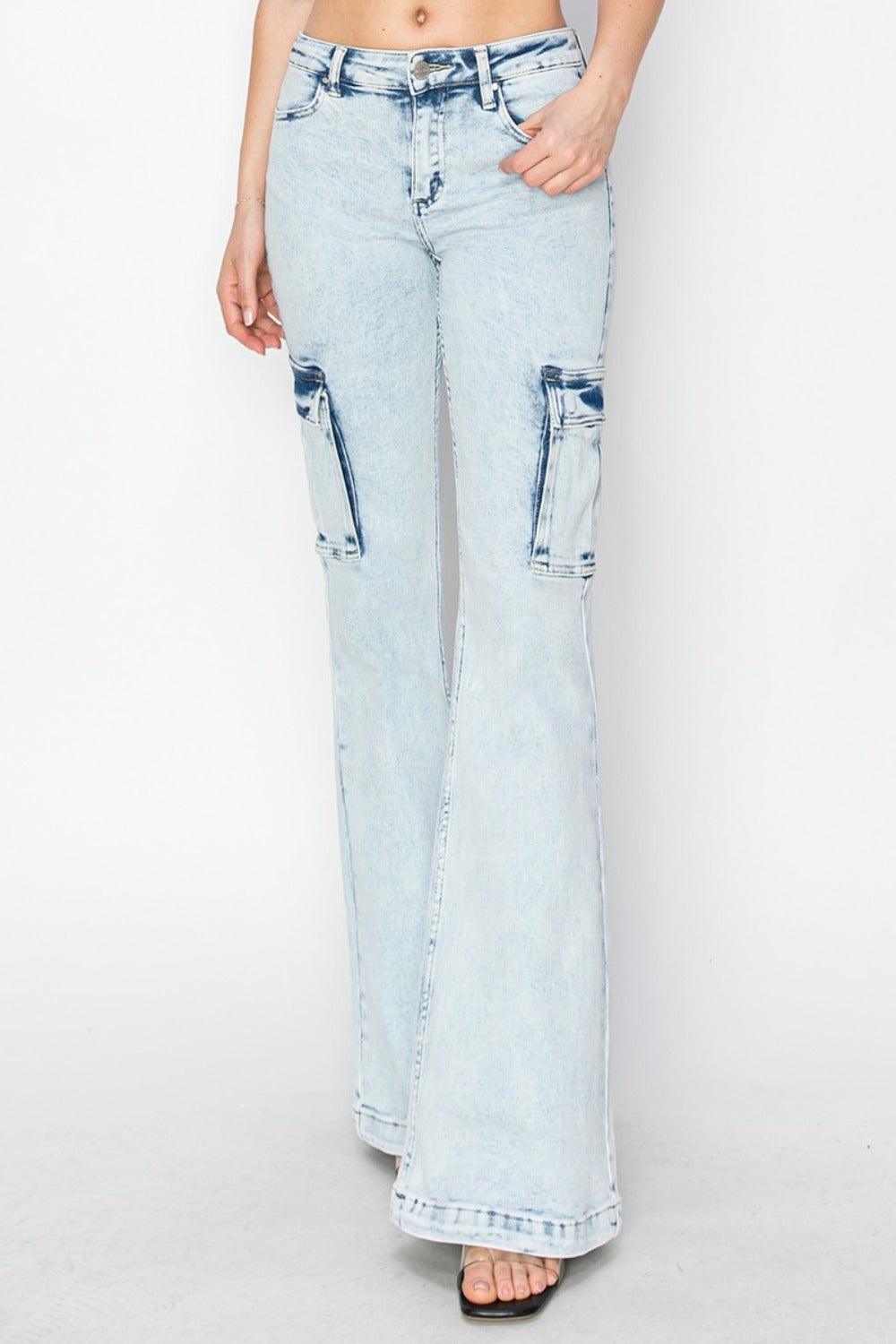 RISEN Full Size High Rise Cargo Flare Jeans | Cargo Jeans Daverri Fashions