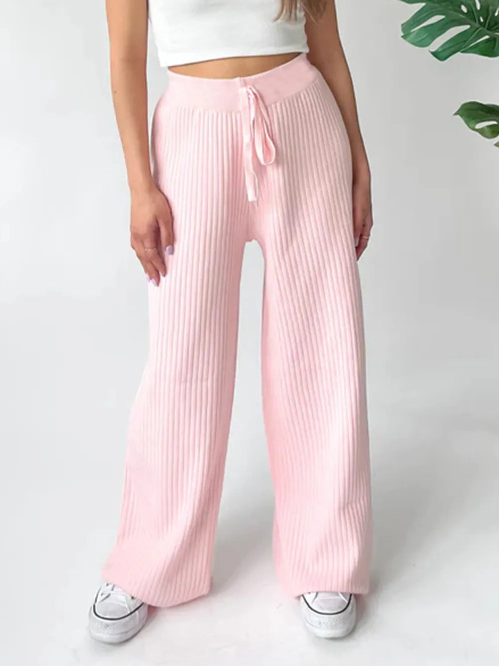Blush Pink Ribbed Wide Leg Sweater Pants | Bottoms Daverri Fashions