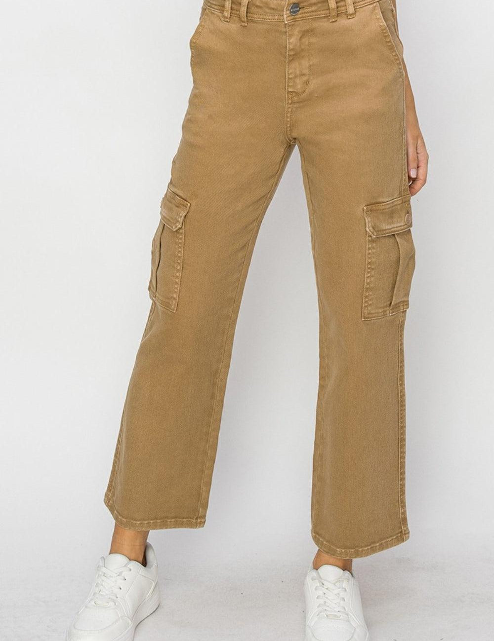 Mocha Risen Full Size High Rise Cargo Jeans | Cargo Jeans Daverri Fashions