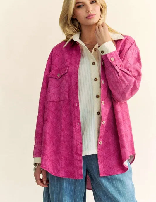 Hot Pink Davi & Dani Curved Hem Diamond Quilted Button Up Denim Shacket | Shackets Daverri Fashions