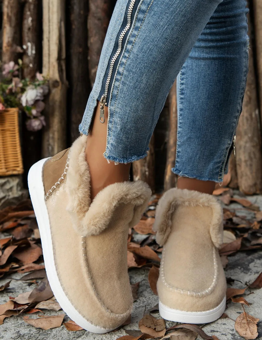 Beige Furry Suede Round Toe Flat Boots | Boots Daverri Fashions