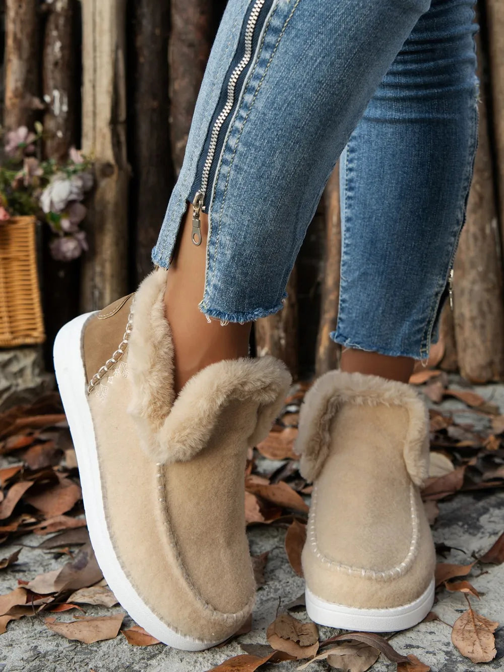 Beige Furry Suede Round Toe Flat Boots | Boots Daverri Fashions
