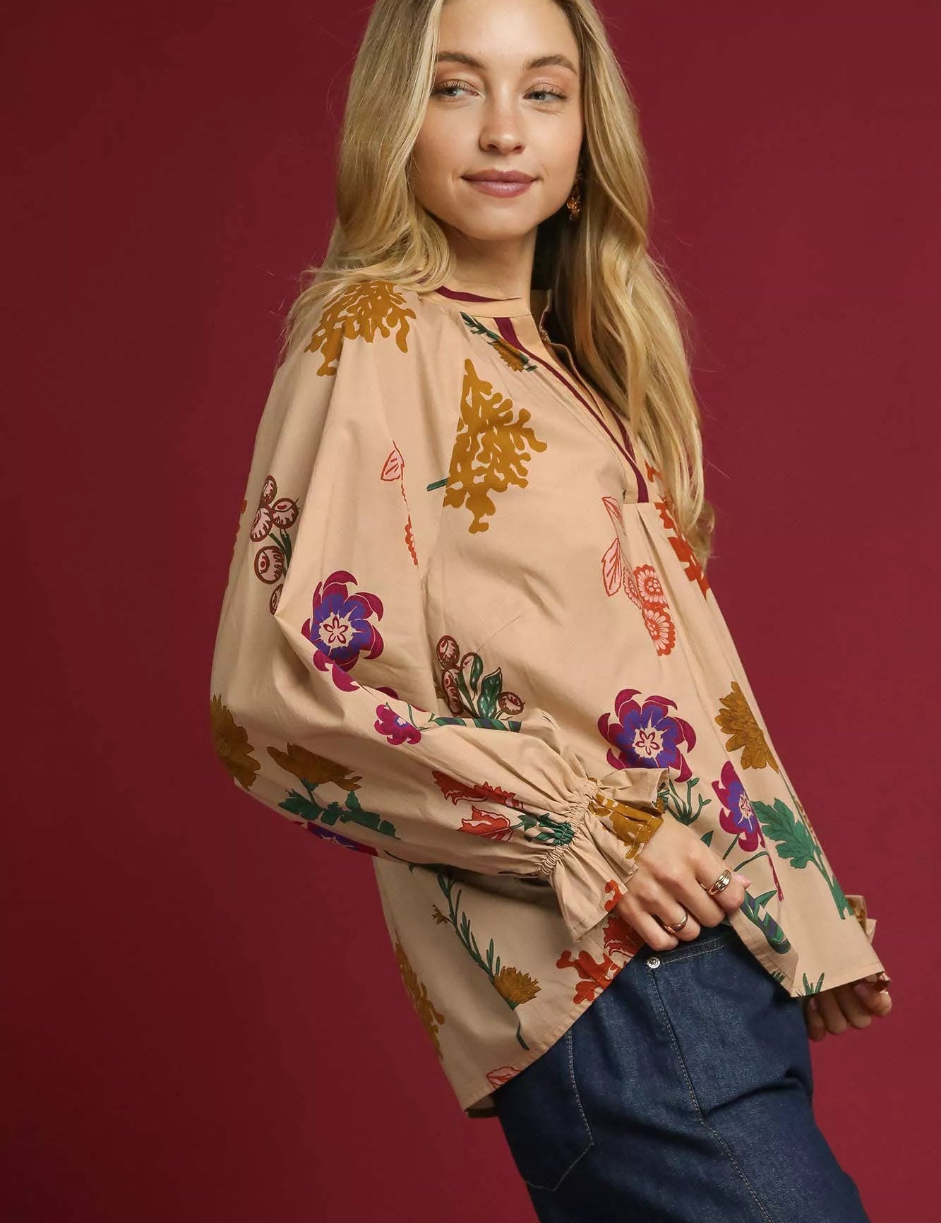 Umgee Floral Print Flounce Sleeve Blouse | Blouses Daverri Fashions