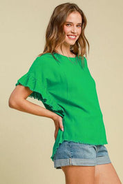 Umgee Full Size Raw Hem Ruffle Short Sleeve Blouse Plus Size | Blouses Daverri Fashions