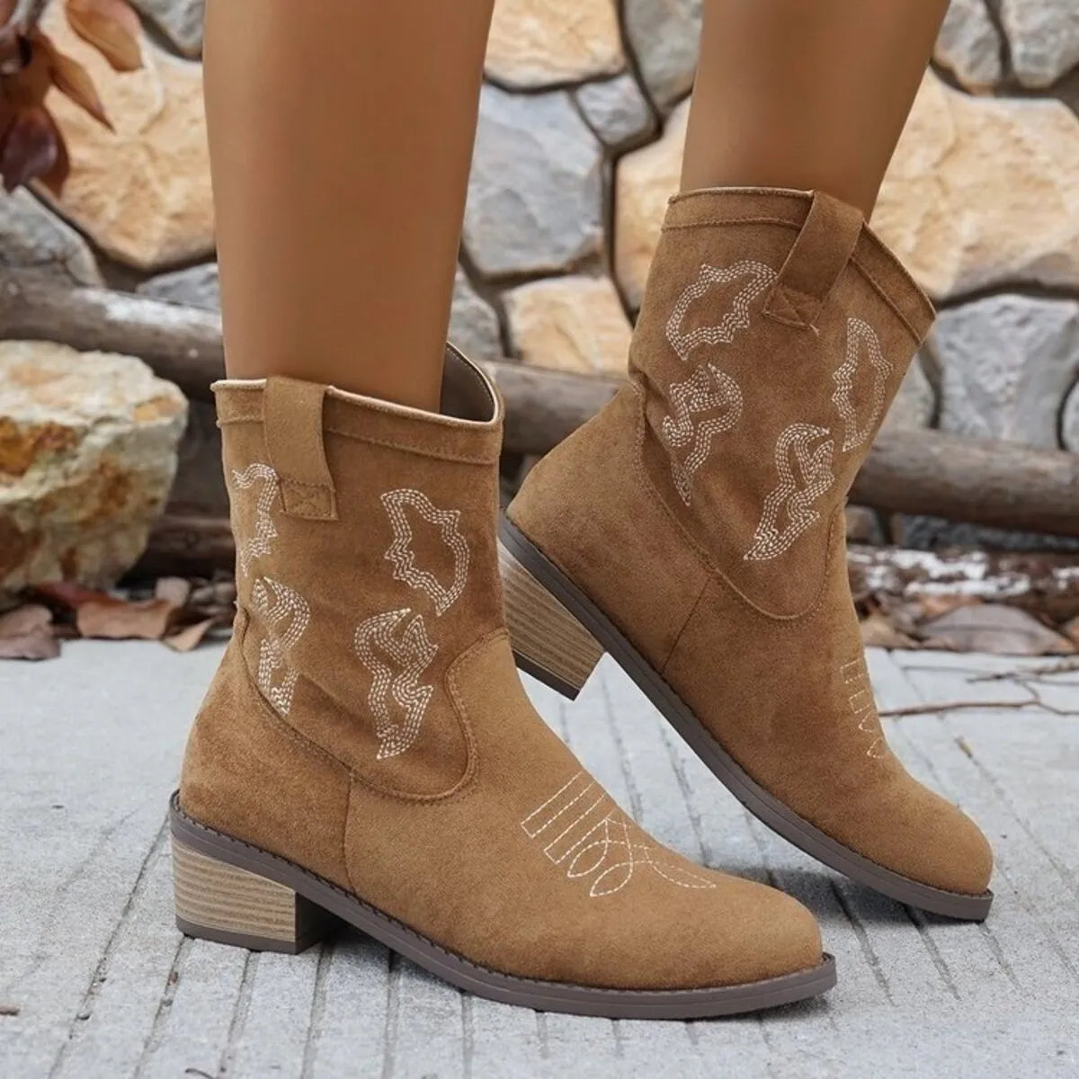 Khaki Cowboy Block Heels Boots | Boots Daverri Fashions
