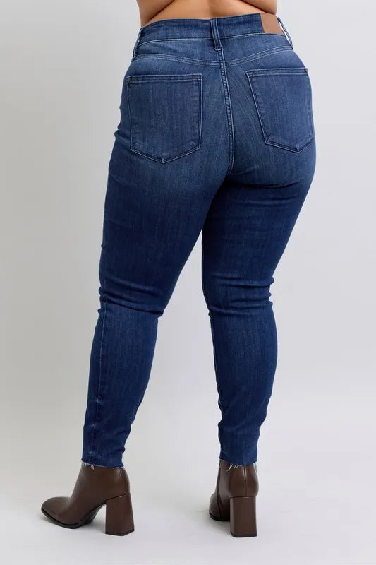 Judy Blue Full Size Mid Rise Skinny Jeans with Raw Hem Plus Size | Daverri Fashions