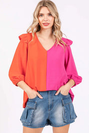 Orange Fuchsia GeeGee Full Size Ruffle Trim Contrast Blouse | Daverri Fashions