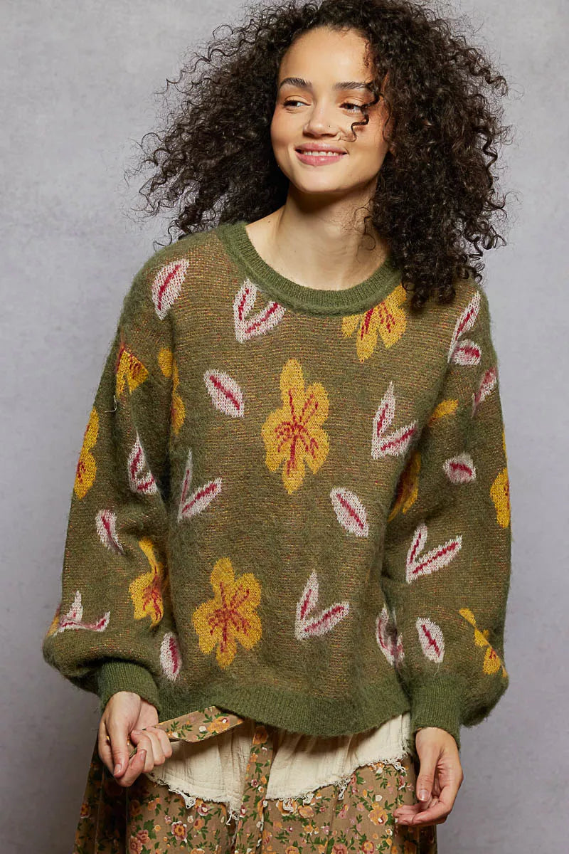 POL Floral Pattern Round Neck Balloon Sleeve Sweater | Sweaters Daverri Fashions