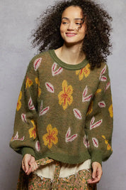 POL Floral Pattern Round Neck Balloon Sleeve Sweater | Sweaters Daverri Fashions