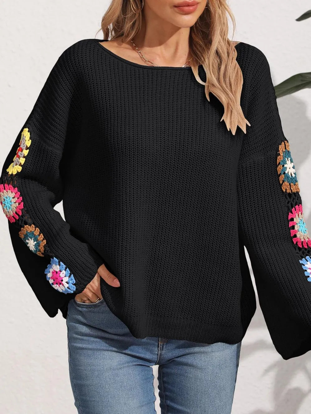 Crochet Flower Long Sleeve Sweater | Sweaters Daverri Fashions
