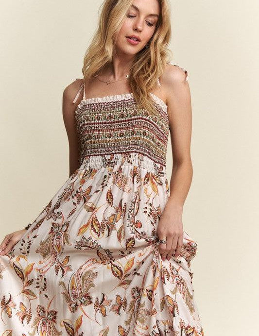 Ivory S ADORA Smocked Printed Square Neck Tie Shoulder Cami Dress | Daverri Fashions